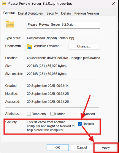 Unblock ZIP file properties dialog